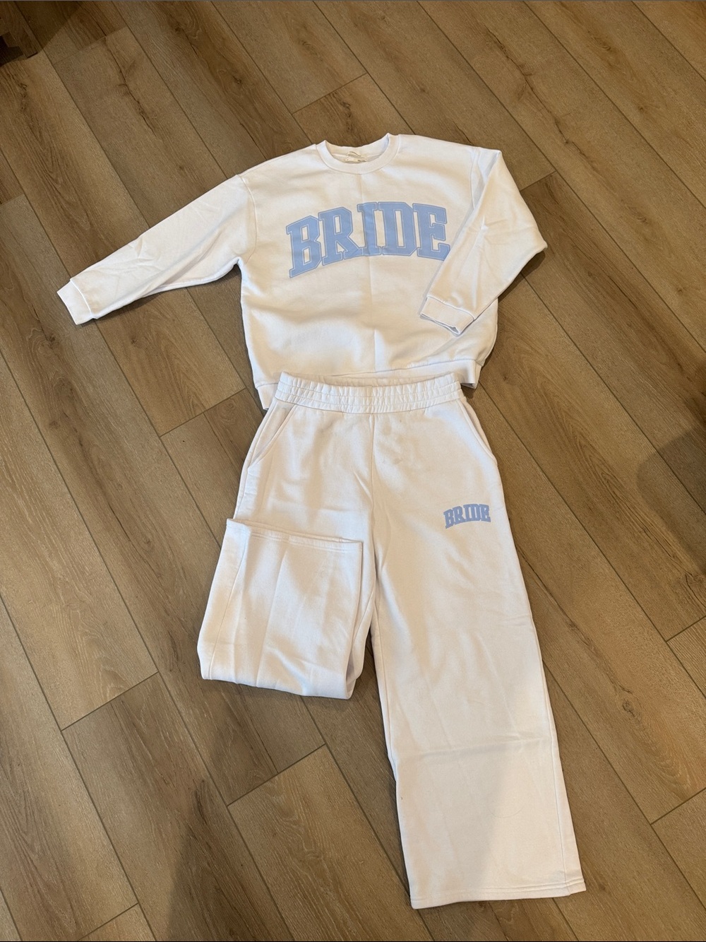 Anthropologie White Sweatshirt and Joggers with Light Blue BRIDE Logo